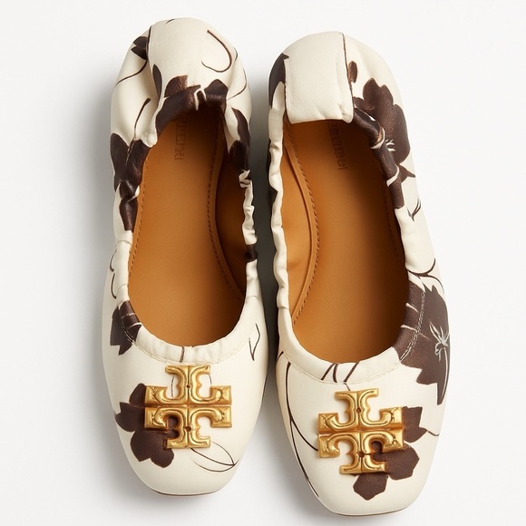 TORY BURCH Women's Cream/Brown‎ Leather Elastic Britten Ballet Flats Size 7.5 - Picture 1 of 11